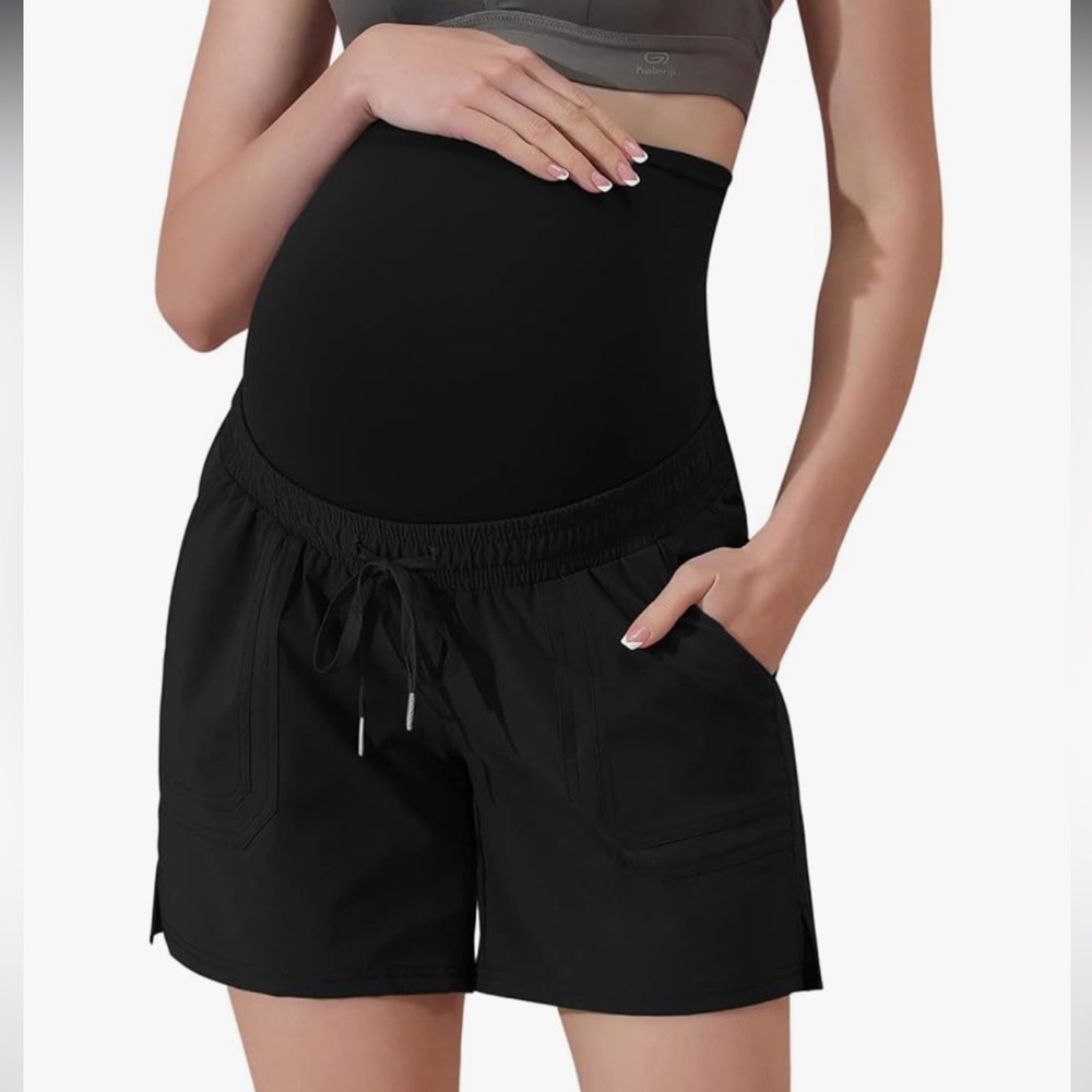 Maacie Black Maternity Waterproof 5” Athletic Shorts with Adjustable Waistband